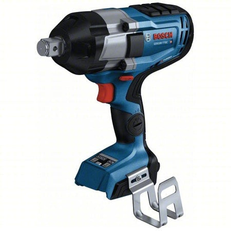 A three-quarter studio shot of the Bosch GDS18V-770CN 3/4-inch impact wrench (bare tool) with the belt clip shown detached next to the tool.