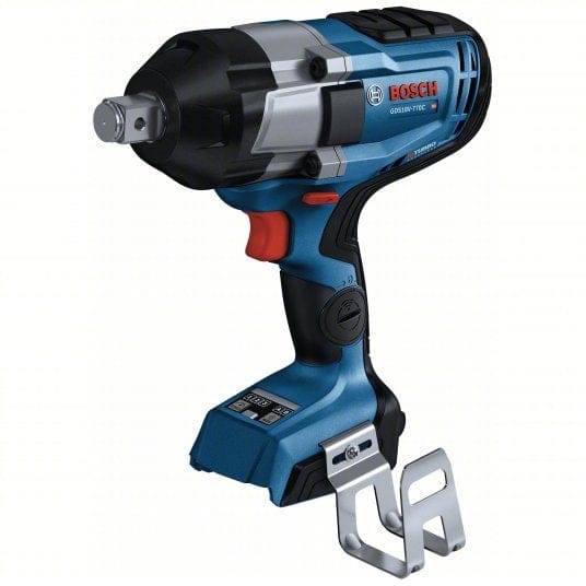 A three-quarter studio shot of the Bosch GDS18V-770CN 3/4-inch impact wrench (bare tool) with the belt clip shown detached next to the tool.