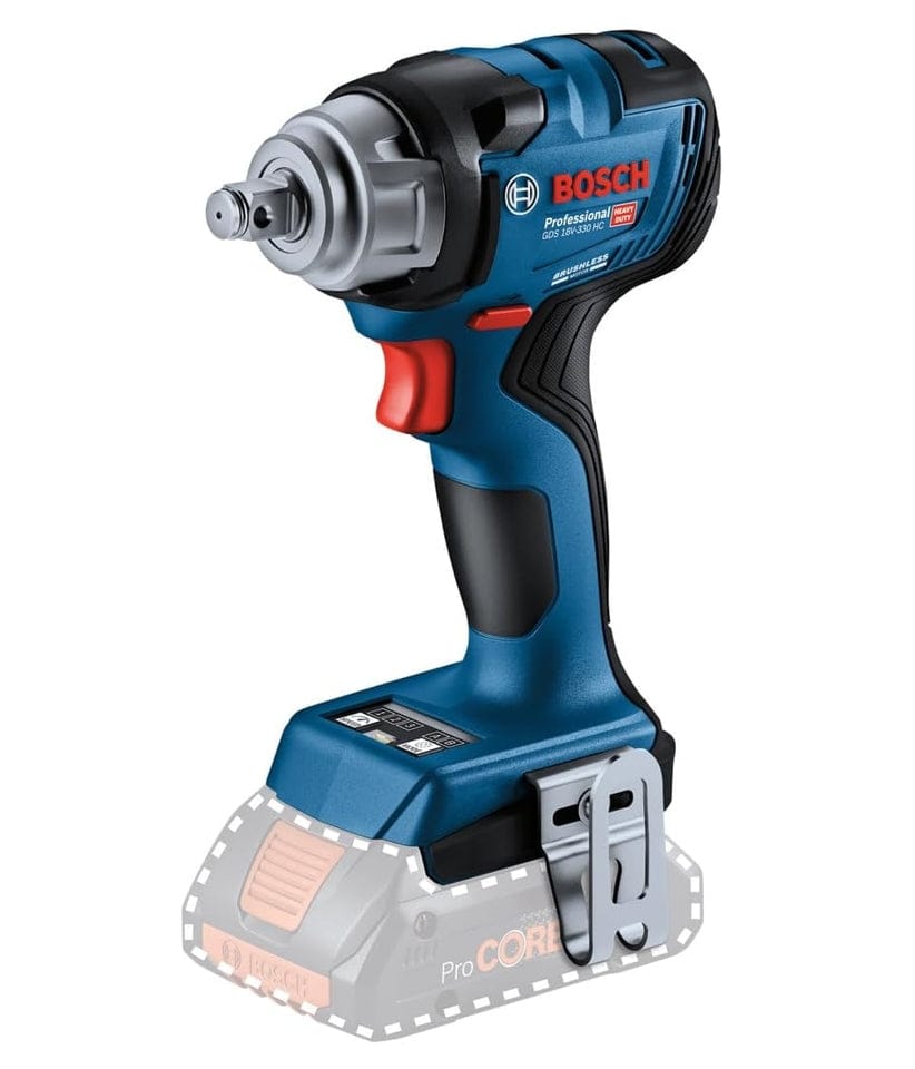 A three-quarter studio shot of the Bosch GDS18V-770CN 3/4-inch impact wrench (bare tool), showing the belt clip and an outline of where the battery attaches.