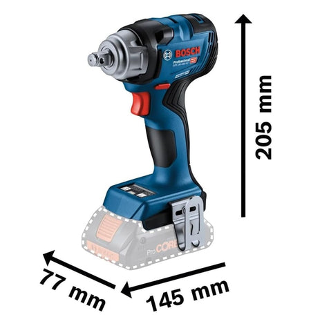 A studio shot of the Bosch GDS18V-770CN impact wrench with dimensional callouts, showing a height of 205 mm, a width of 77 mm, and a length of 145 mm.