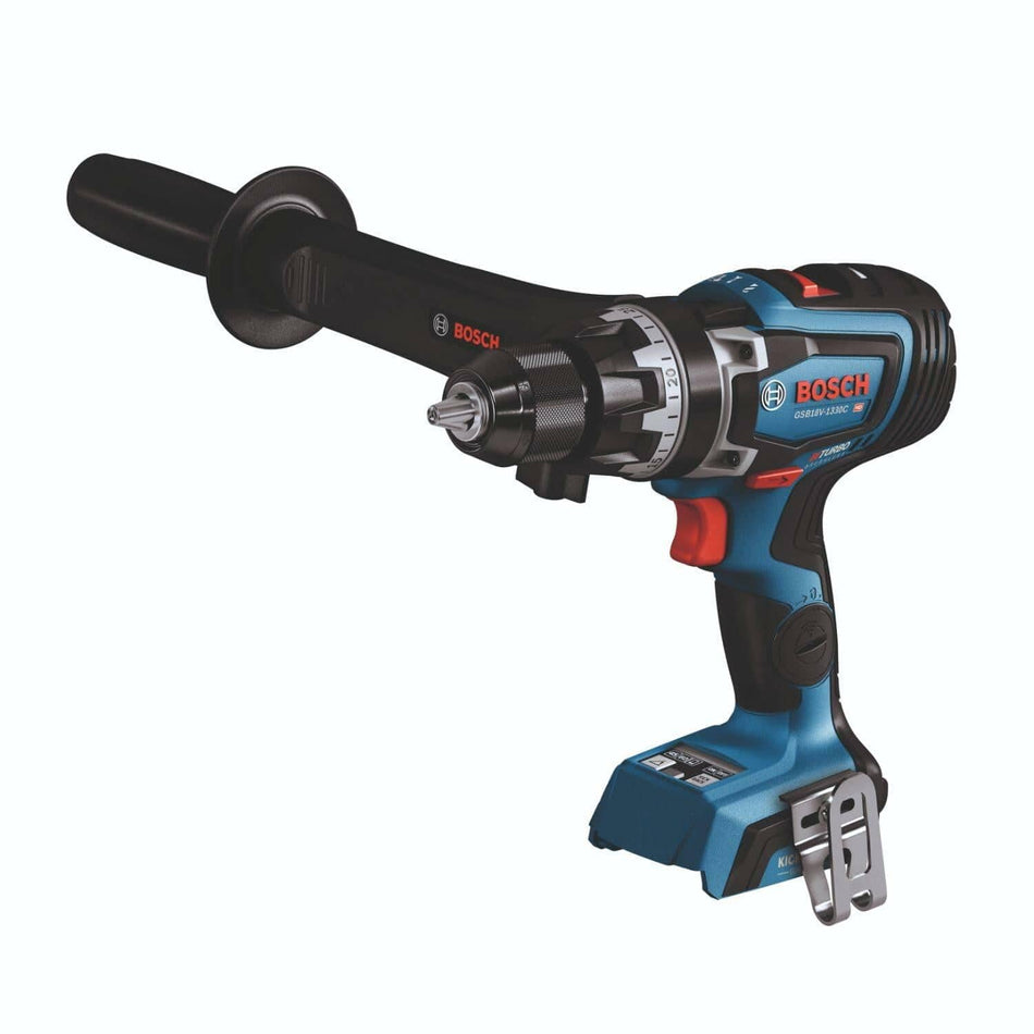 Bosch cordless drill/driver with side handle, keyless chuck, belt clip, and battery pack. Blue and black body with red accents and “Brushless” label.