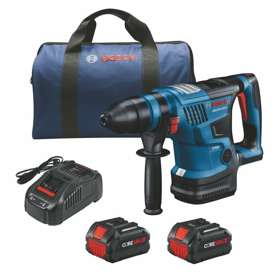The Bosch PROFACTOR Bulldog rotary hammer shown with the included two CORE18V batteries, fast charger, and blue carrying bag.