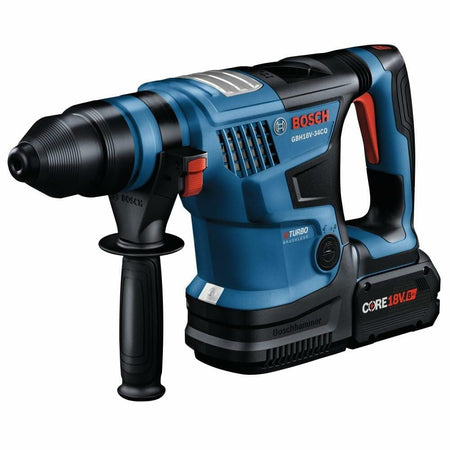 A three-quarter view of the Bosch PROFACTOR Bulldog rotary hammer with a CORE18V battery attached.