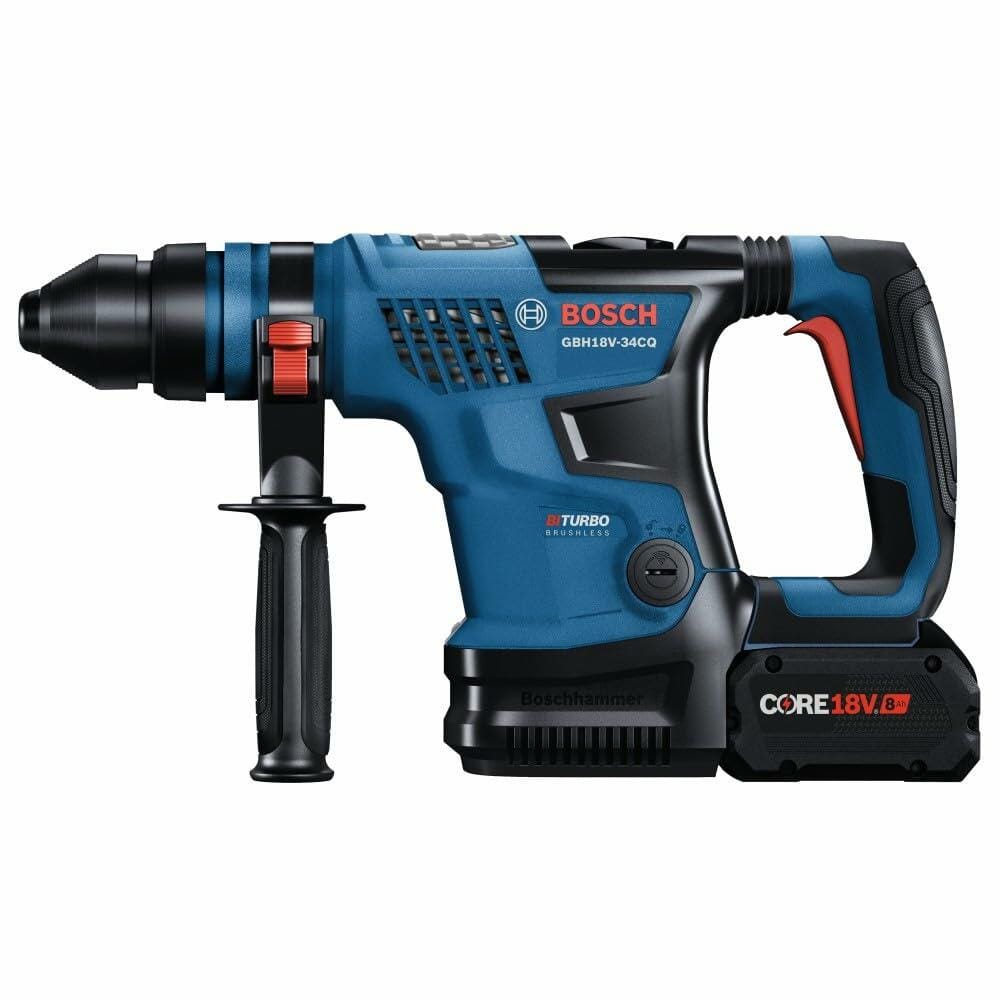  A side profile view of the Bosch PROFACTOR Bulldog rotary hammer with a CORE18V 8.0Ah battery attached.