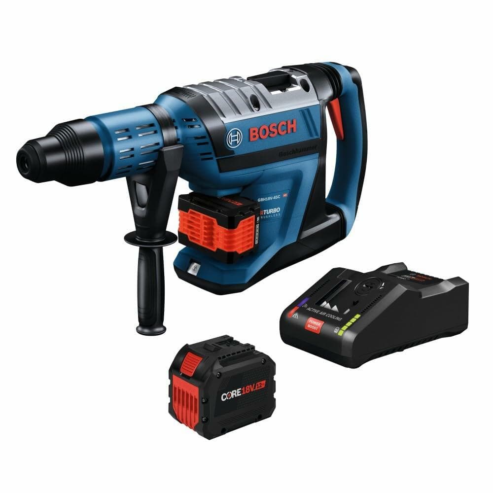 The Bosch PROFACTOR rotary hammer, two CORE18V batteries, and the fast charger shown togethe