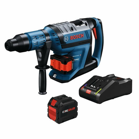 The Bosch PROFACTOR rotary hammer, two CORE18V batteries, and the fast charger shown togethe