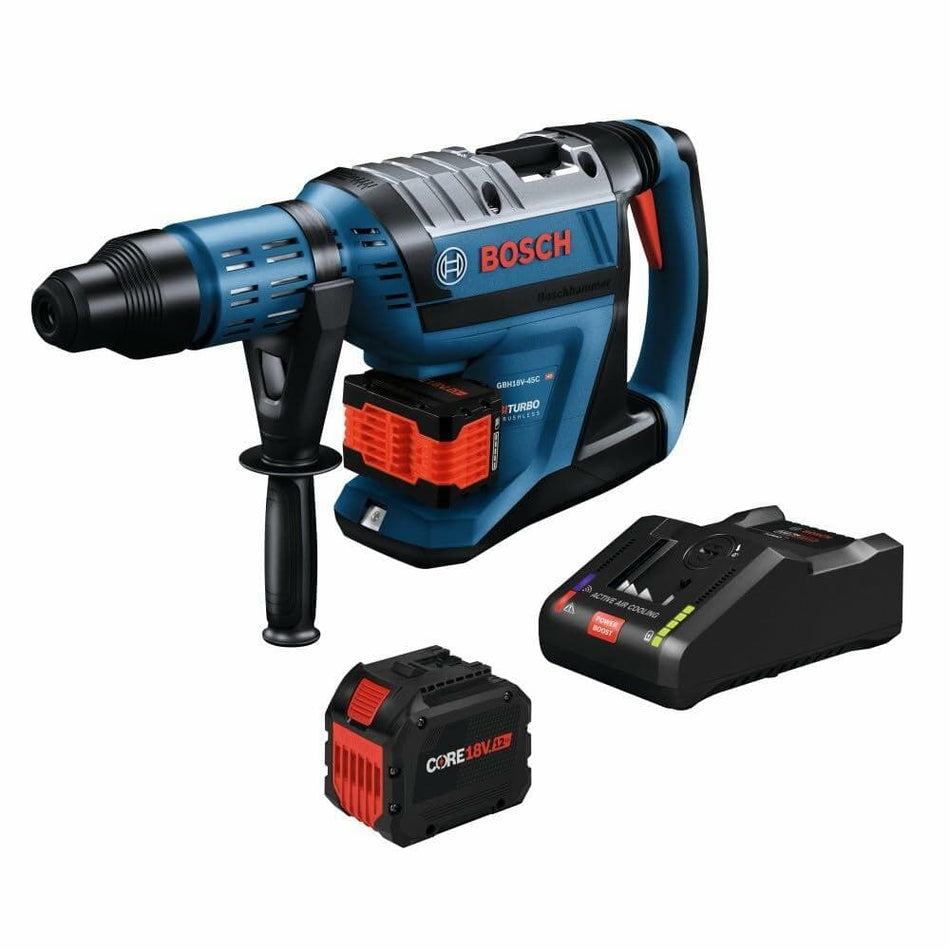 The Bosch PROFACTOR rotary hammer, two CORE18V batteries, and the fast charger shown togethe