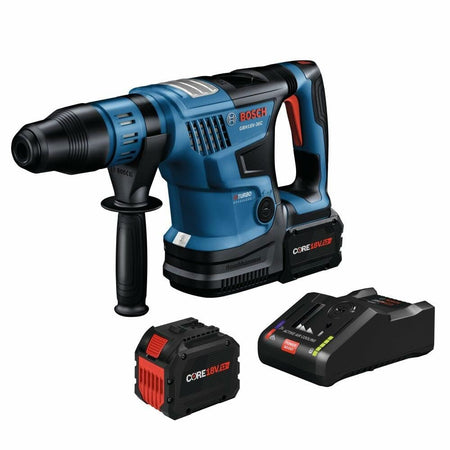 The Bosch PROFACTOR rotary hammer shown with its two CORE18V batteries and the turbo charger.