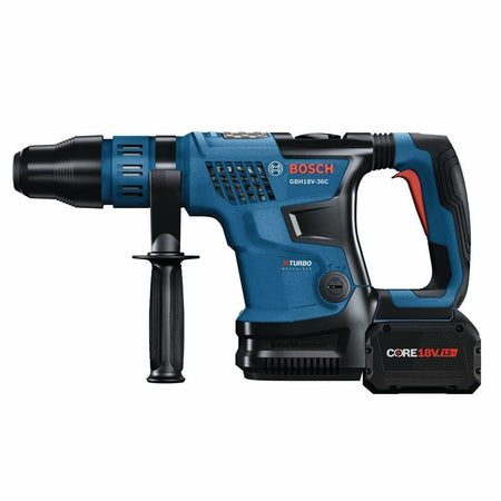 A side view of the Bosch PROFACTOR rotary hammer with a CORE18V 12.0Ah battery attached.