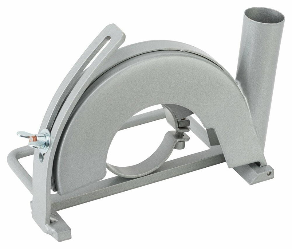 The silver Bosch dust collection cutting guide for large angle grinders, showing the blade shroud, guide plate, and dust port.