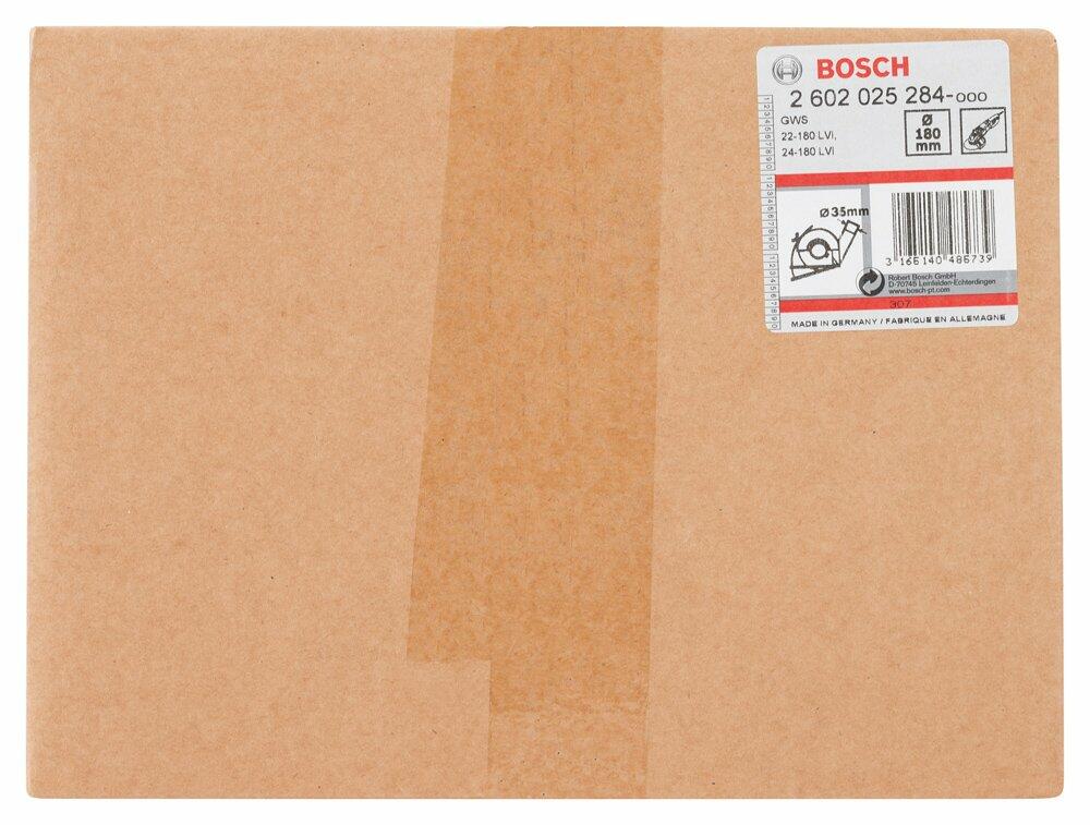 The product label on the Bosch dust shroud's cardboard box, showing the part number 2 602 025 284 and its compatibility with GWS 22-180 LVI and 24-180 LVI angle grinders.