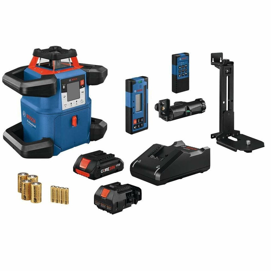 The complete Bosch GRL4000-80CHV rotary laser kit contents laid out, including the laser unit, LR40 receiver, CORE18V 4 Ah battery and charger, alkaline adapter with D and AA batteries, wall mount, remote control, and carrying case.