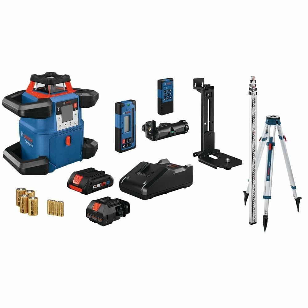 The complete BOSCH GRL4000-80CHVK rotary laser kit laid out, including the laser unit, LR40 receiver, CORE18V battery and charger, tripod, grade rod, wall mount, remote control, and backup alkaline battery adapter with batteries.