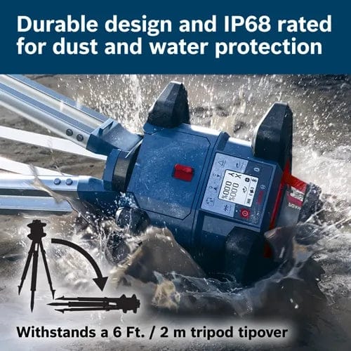 The Bosch REVOLVE4000 rotary laser level mounted on a tripod being splashed by water and mud, with text highlighting its durable design and IP68 rating, and ability to withstand a 6-foot tripod tipover.