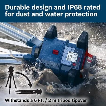 The Bosch REVOLVE4000 rotary laser level mounted on a tripod being splashed by water and mud, with text highlighting its durable design and IP68 rating, and ability to withstand a 6-foot tripod tipover.