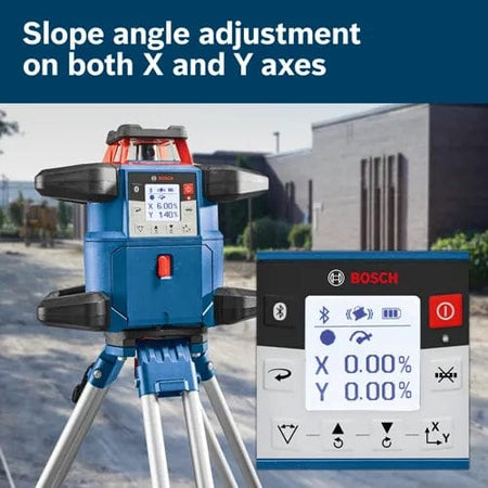The Bosch REVOLVE4000 rotary laser on a tripod outdoors, with a magnified inset showing the control panel indicating the ability for slope angle adjustment on both X and Y axes.