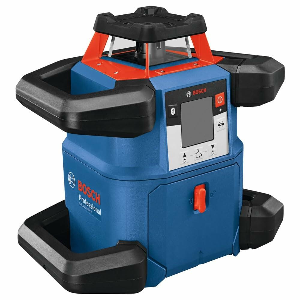 Angled view of the Bosch GRL4000 rotary laser level, showing the protective rubber overmold cage, the control panel, and the red laser turret housing.