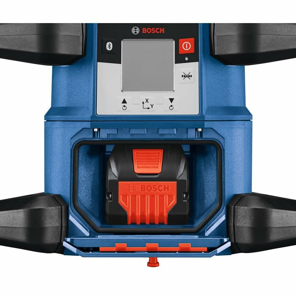 Close-up view of the Bosch REVOLVE4000 laser unit with an 18V CORE18V battery inserted into the front-facing battery compartment.