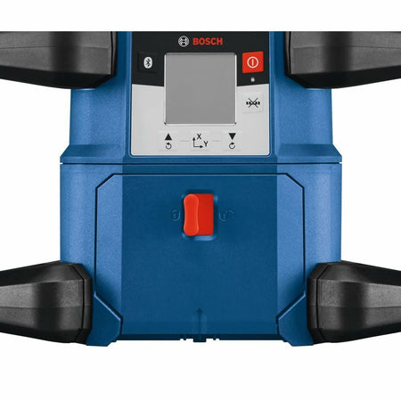 Close-up of the Bosch REVOLVE4000 laser unit's control panel and front housing, showing the battery latch and control buttons including the power and slope adjustment icons.