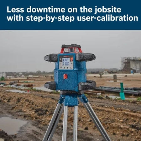 The Bosch GRL4000 rotary laser on a tripod on a wet, muddy construction site with text highlighting its step-by-step user-calibration feature for less jobsite downtime.