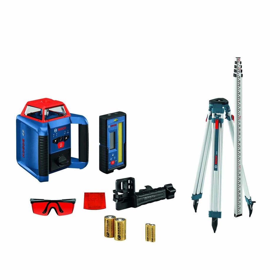 Complete Bosch rotary laser level kit including laser device, receiver, tripod, grade rod, red safety glasses, wall mount, target plate, and AA batteries. Components are arranged for display, showcasing full kit contents.