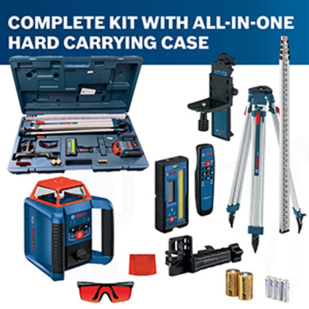 Complete Bosch rotary laser level kit displayed with hard carrying case. Includes laser level, tripod, grade rod, receiver, remote control, red safety glasses, AA batteries, and mounting accessories. Text reads “COMPLETE KIT WITH ALL-IN-ONE HARD CARRYING CASE.”