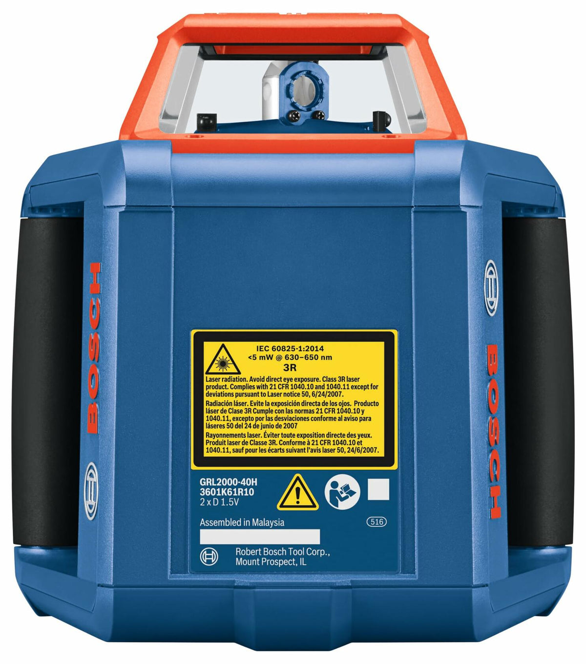 Close-up of Bosch GRL2000-40H rotary laser level with blue body and red top. A yellow label displays safety and laser specifications. The device includes a top handle and front control panel for operation.