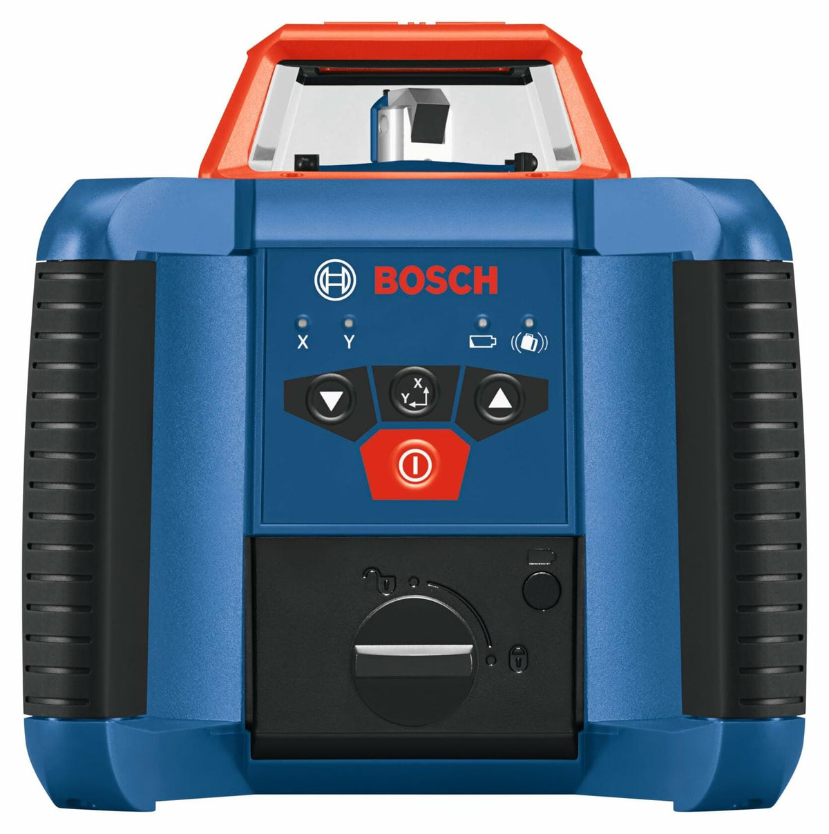 Front view of Bosch rotary laser level showing control panel with power button, directional arrows, battery indicators, and adjustment dial. The red top houses the rotating laser emitter for leveling tasks.