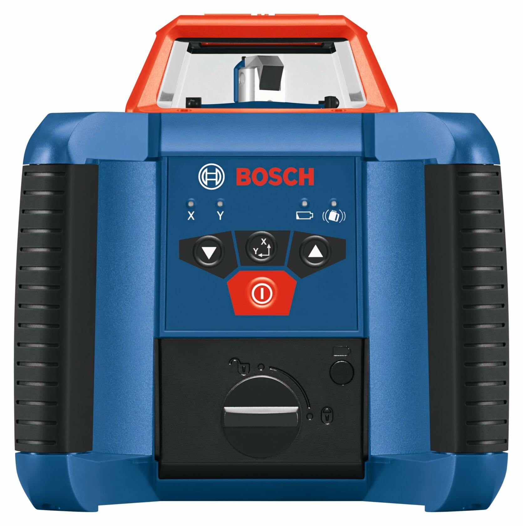 Front view of Bosch rotary laser level showing control panel with power button, directional arrows, battery indicators, and adjustment dial. The red top houses the rotating laser emitter for leveling tasks.