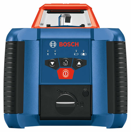 Front view of Bosch rotary laser level showing control panel with power button, directional arrows, battery indicators, and adjustment dial. The red top houses the rotating laser emitter for leveling tasks.