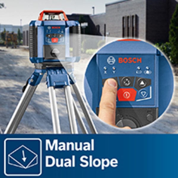Close-up of a Bosch rotary laser level mounted on a tripod outdoors. A finger presses a button on the control panel, which includes directional arrows and a power icon. Text reads “Manual Dual Slope,” highlighting slope adjustment capability.