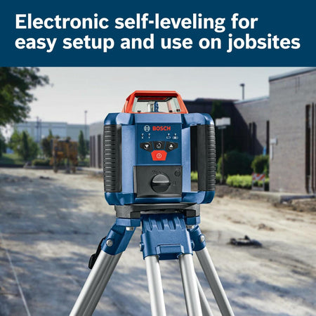 Bosch self-leveling rotary laser mounted on a tripod at a construction site. Text overlay reads “Electronic self-leveling for easy setup and use on jobsites.” Background includes a paved road, equipment, and buildings.