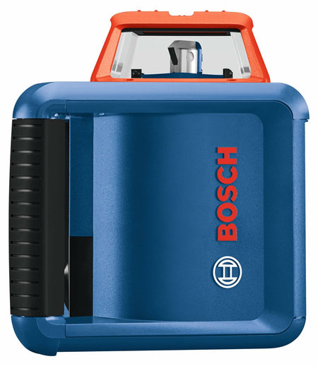 Bosch rotary laser level with rugged blue and black casing and red top. Transparent housing reveals rotating laser mechanism. Bosch logo is prominently displayed, and the tool includes a top handle for portability.