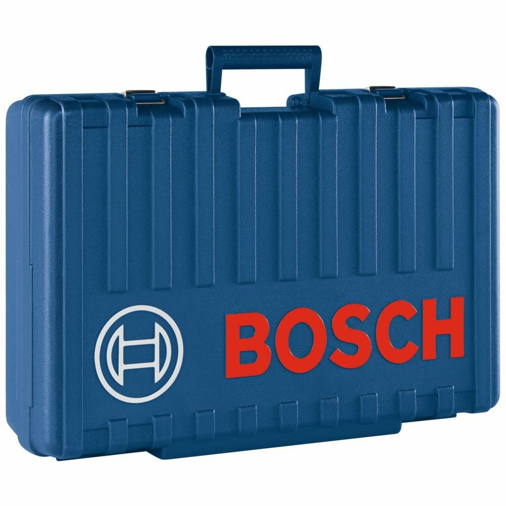 The blue, hard-sided carrying case for the Bosch rotary hammer, shown closed with the Bosch logo in red.