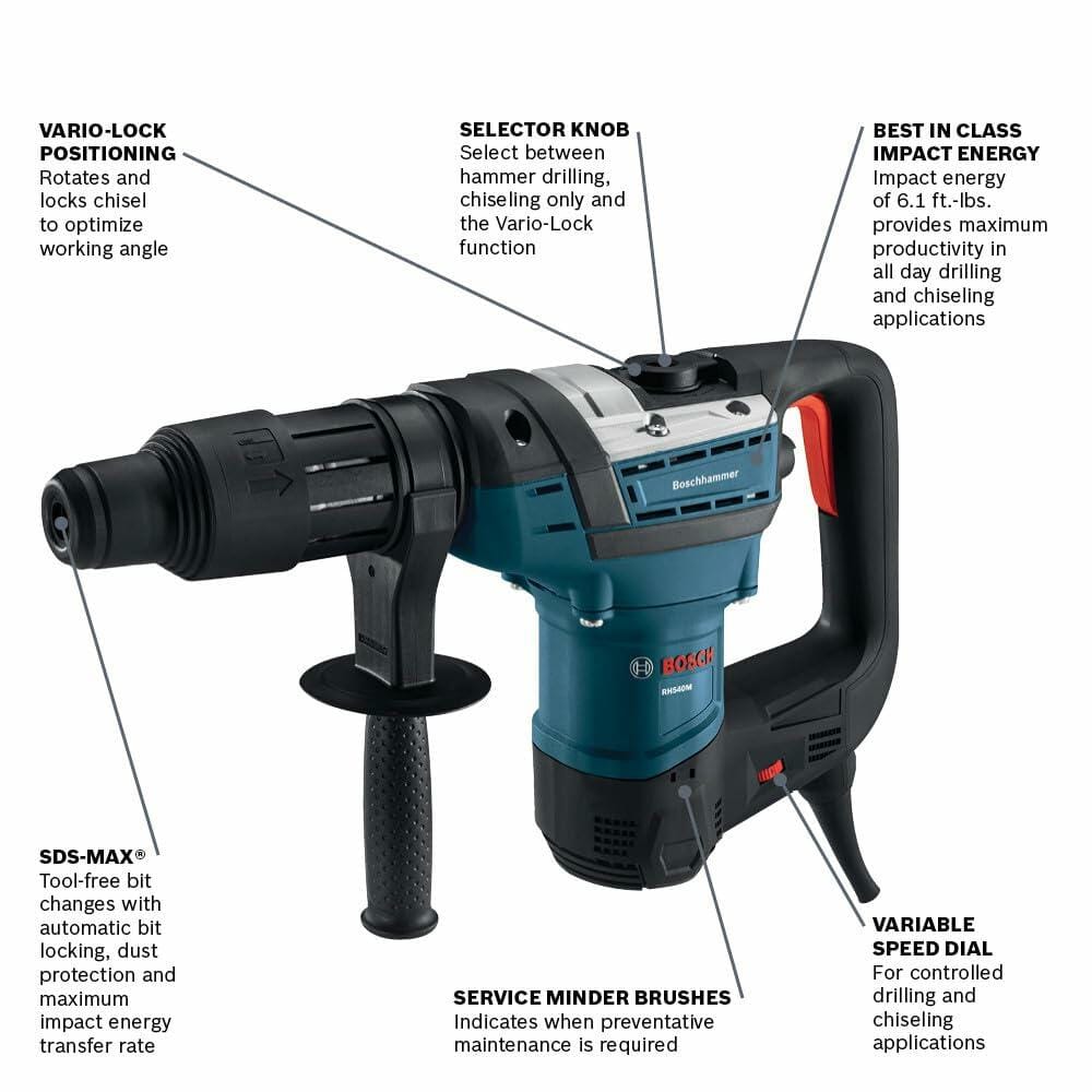 The Bosch combination hammer with callout lines pointing to its key features: Vario-Lock positioning, selector knob, best-in-class impact energy, variable speed dial, service minder brushes, and the SDS-MAX bit system.