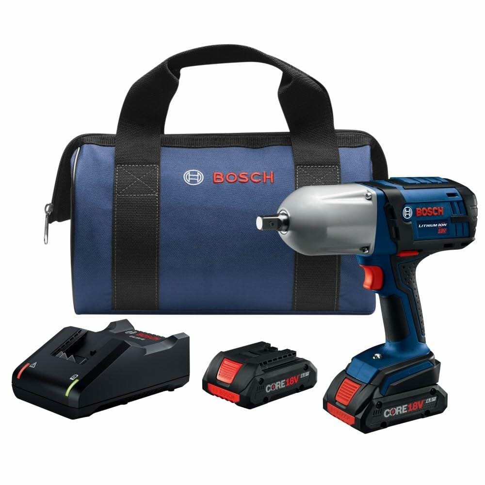 The complete Bosch reconditioned 18V high-torque impact wrench kit laid out, including the wrench, two CORE18V 4.0 Ah batteries, charger, and a carrying bag.