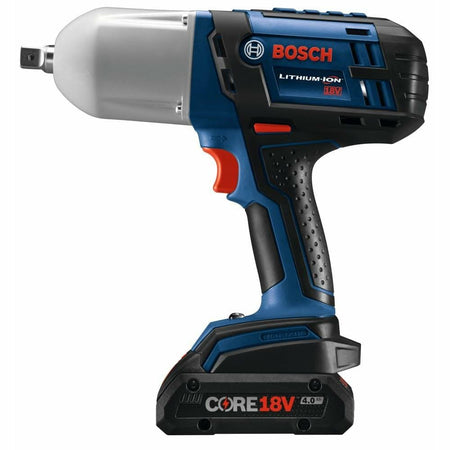 A side view of the Bosch 18V high-torque impact wrench with a CORE18V 4.0 Ah battery attached, showing the ergonomic grip and the 18V Lithium-Ion labeling.