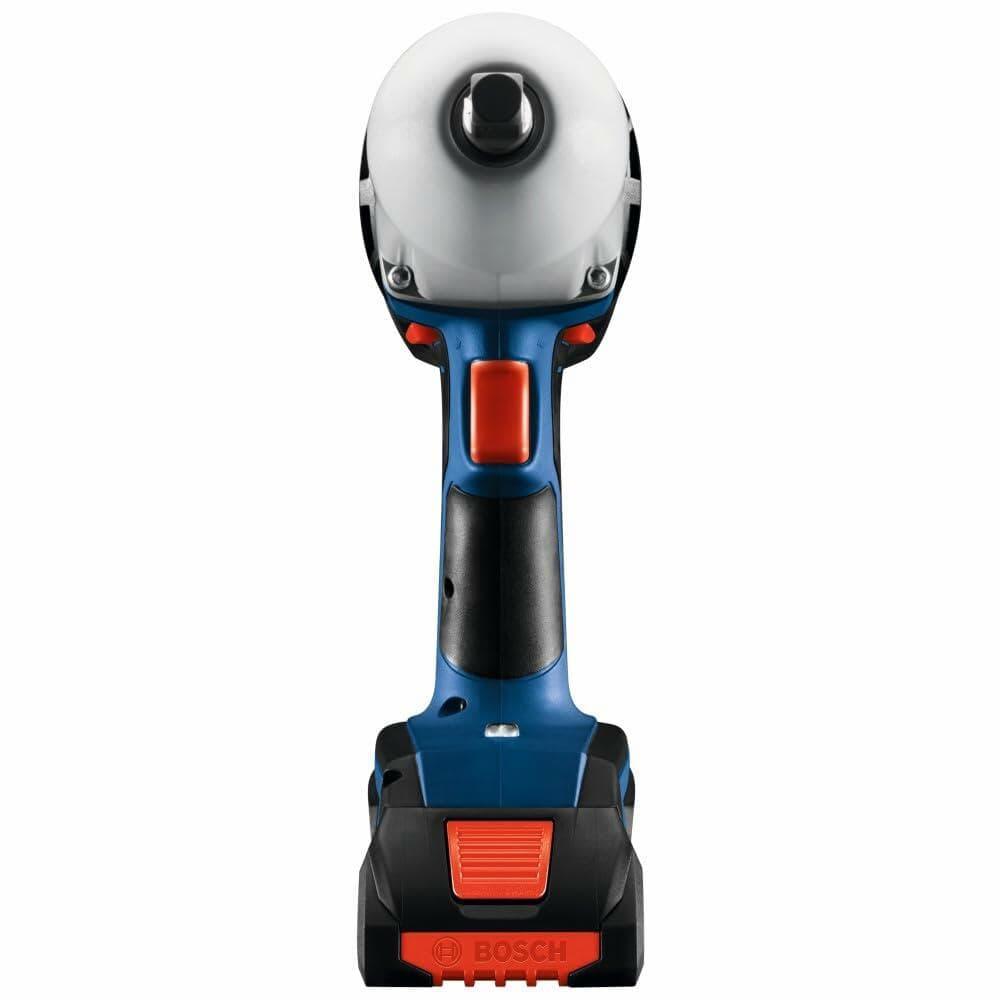 Front-end view of the Bosch 18V impact wrench with a CORE18V battery attached, showing the 7/16 inch hex anvil and the tool's compact profile.