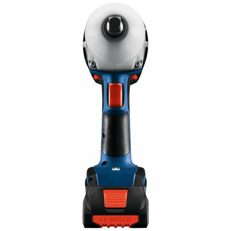 Front-end view of the Bosch 18V impact wrench with a CORE18V battery attached, showing the 7/16 inch hex anvil and the tool's compact profile.