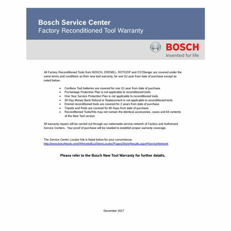 Document detailing the Bosch Service Center Factory Reconditioned Tool Warranty terms and conditions.