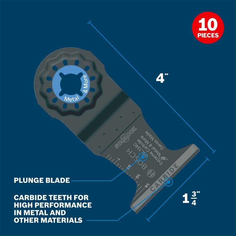 Close-up of a single Starlock plunge blade, showing its 1-3/4 inch width and 4 inch overall length, and indicating carbide teeth for high performance in metal and other materials.