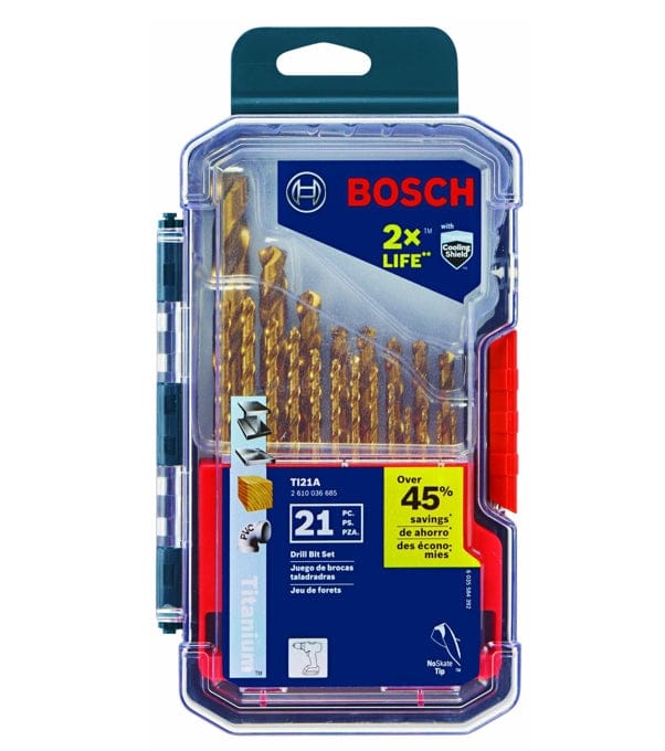 This is a clear plastic package containing a set of gold-colored drill bits, with a dark blue and green background insert. The packaging is marked with the "BOSCH" logo in red, along with text indicating "Titanium" and "21 Drill Bit Set."