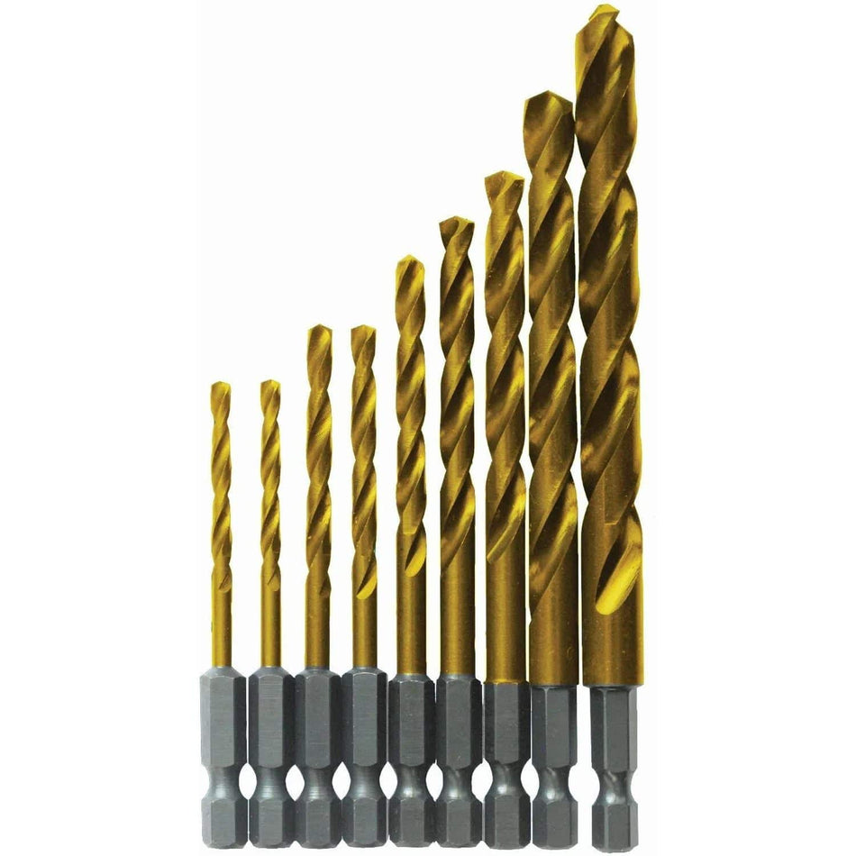 BOSCH TI9IM 9-Piece Impact Tough Titanium Drill Bit Set featuring various sizes from 1/16-inch to 3/8-inch with gold titanium nitride coating and silver 1/4-inch hex shanks arranged in ascending order against a white background.