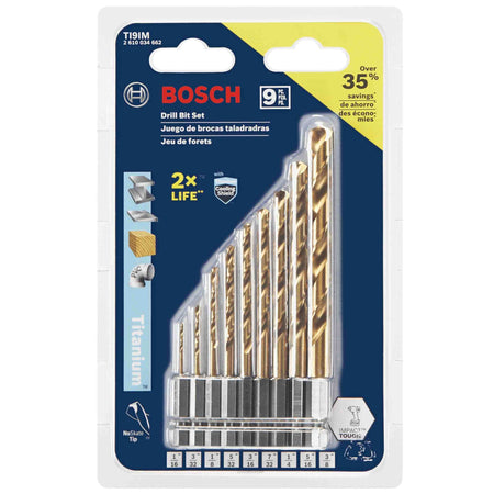 Retail packaging for the BOSCH TI9IM 9-Piece Titanium Drill Bit Set showing the 2X life cooling shield logo and a list of included sizes: 1/16, 3/32, 1/8, 5/32, 3/16, 7/32, 1/4, 5/16, and 3/8 inches.