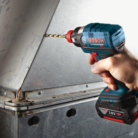 Professional contractor using a Bosch 18V cordless impact driver with a titanium drill bit to precisely drill through a galvanized metal HVAC duct showing the high-torque performance of the Impact Tough series.