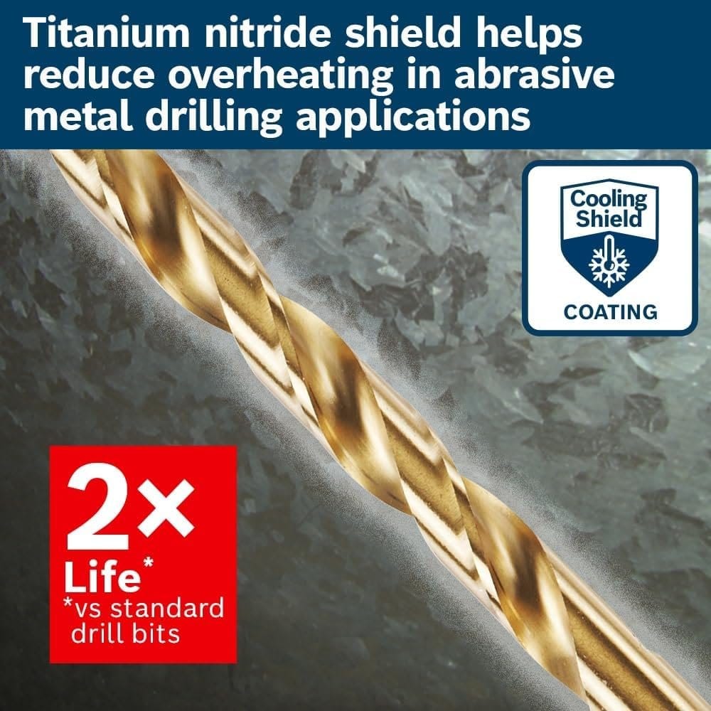 Macro graphic of a Bosch drill bit flute showing the gold titanium nitride cooling shield designed to reduce friction and prevent overheating during abrasive metal drilling for up to 2X longer life than standard bits.