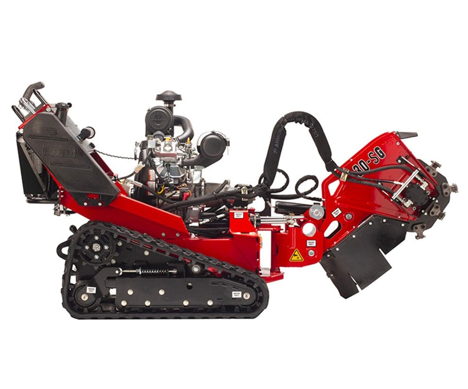 Barreto 30SG track-drive stump grinder shown in side view, featuring a red and black body, hydraulic cutter wheel with protective shield, and rubber tracks for mobility. The engine is centrally mounted with visible control levers and safety labels, designed for professional-grade stump removal in landscaping and tree service applications.