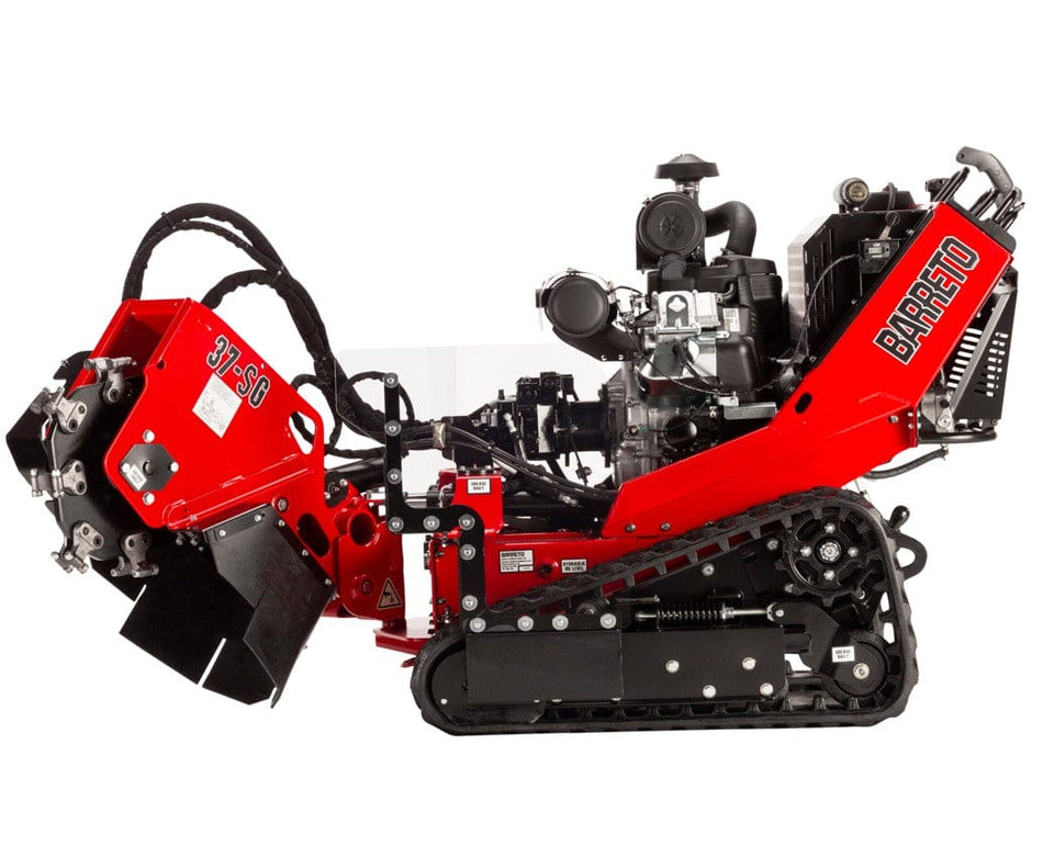 Barreto 37-SG track-drive stump grinder shown in side profile, featuring red and black chassis, hydraulic cutter wheel with protective guard, and rubber tracks for mobility. The machine includes visible control levers, safety labels, and model branding, designed for professional-grade stump removal in landscaping and land clearing applications.