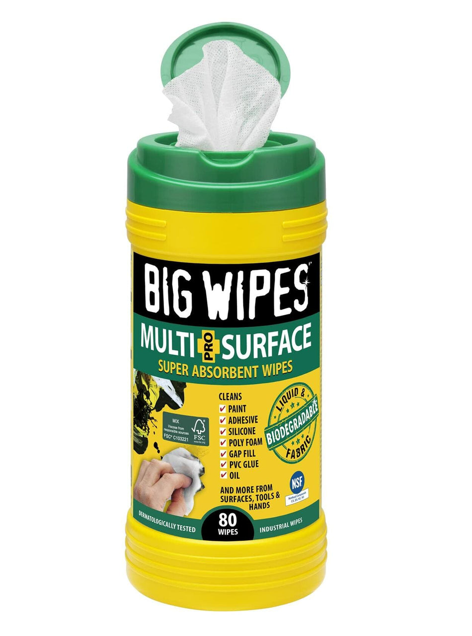 An 80-count tub of Big Wipes Pro Multi-Surface cleaning wipes, shown with the green lid open and a wipe pulling through the dispense