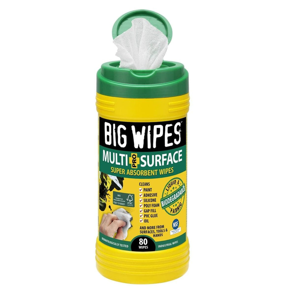 An 80-count tub of Big Wipes Pro Multi-Surface cleaning wipes, shown with the green lid open and a wipe pulling through the dispense